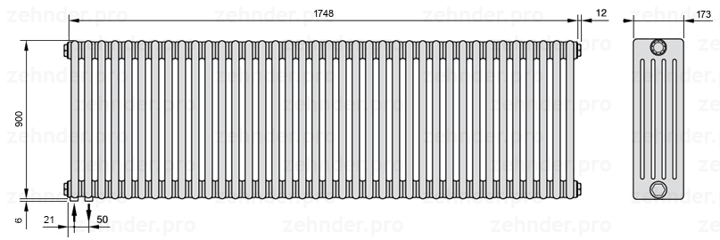 Схема (чертеж) Радиатор Zehnder Charleston 5090/38 №3370 Белый глянцевый RAL 9016